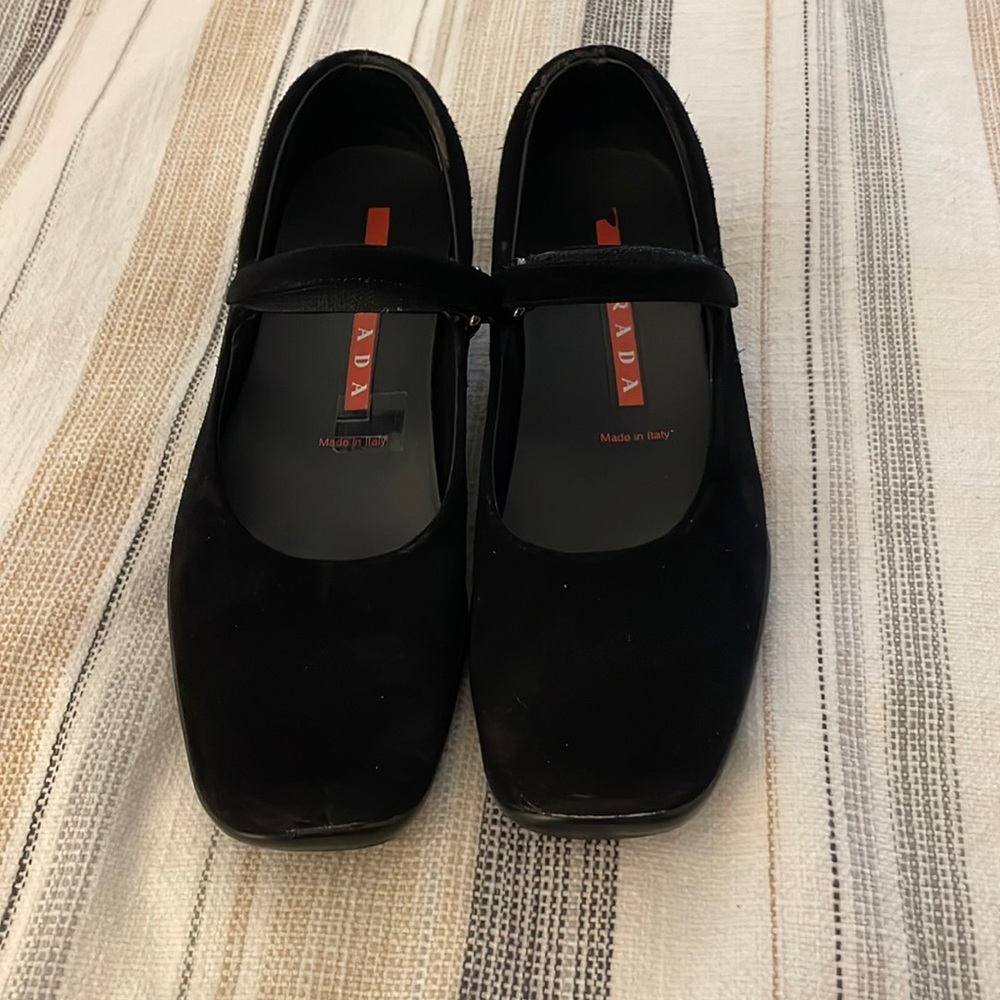 Prada, black suede, maryjane flats